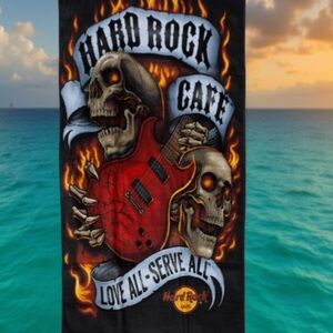 Hard Rock Cafe Skull Guitar Graphics Black and Red Beach Towel (New)